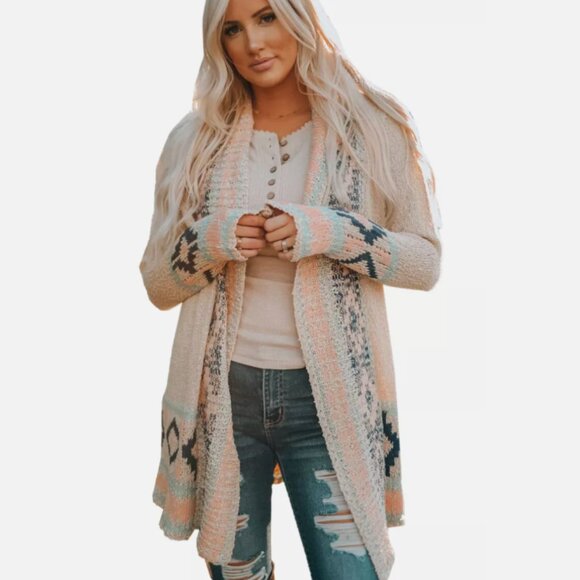 Blue B Collection Apricot Aztec Open Duster Cardigan Sweater Womens Size Medium - Picture 1 of 12